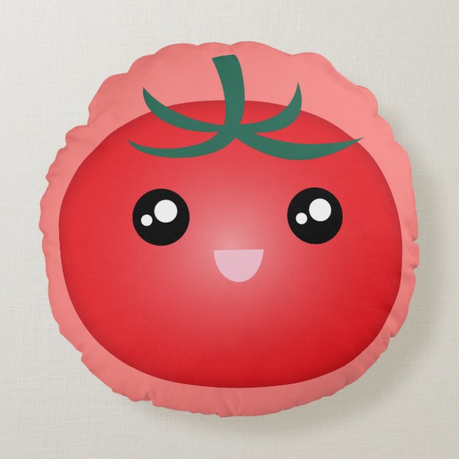 Kawaii Cute Happy Face Tomato Cartoon Round Pillow (Front)