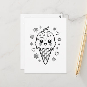 Kawaii cute ice cream cone coloring postcard