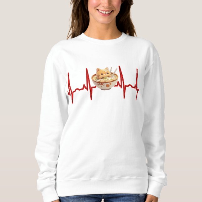 Kawaii Cute Kitten Ramen EKG Heartbeat Otaku Anime Sweatshirt (Front)