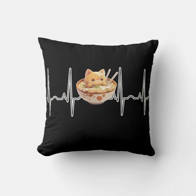Kawaii Cute Kitten Ramen EKG Heartbeat Otaku Anime Throw Pillow (Front)