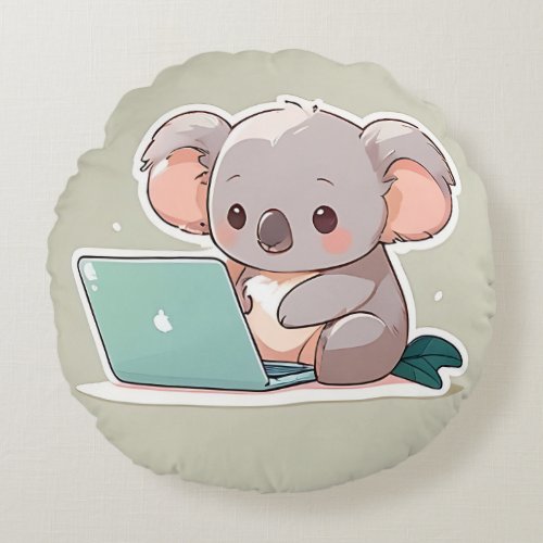 Kawaii Cute Koala on Laptop Round Pillow