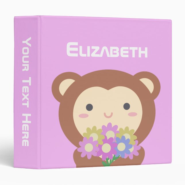 Kawaii Cute Monkey Pastel Purple Pink Flowers Name 3 Ring Binder (Front/Spine)