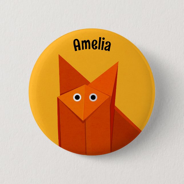 Kawaii Cute Origami Fox Yellow Geometric Art Name Button (Front)