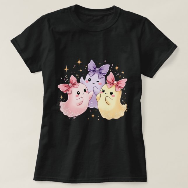 Kawaii Cute Pastel Ghosts with Bows T-Shirt (Design Front)