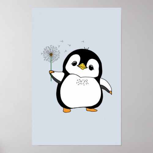 Kawaii Cute Penguin Holding Dandelion Smiling Poster