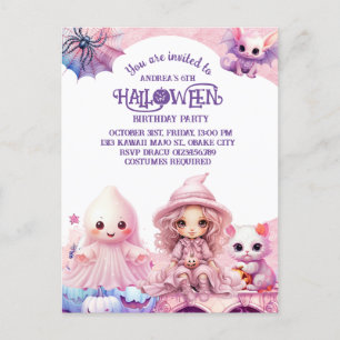 Kawaii Cute Pink Halloween Birthday Invitation Postcard
