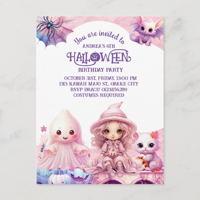 Kawaii Cute Pink Halloween Birthday  Invitation Postcard (Front)
