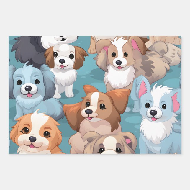 Kawaii Cute Puppies Wrapping Paper Sheets (Front)