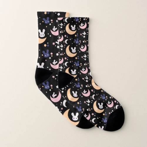 Kawaii Cute Rabbit Moon and Stars Pattern _ Black Socks