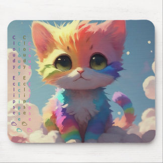 Kawaii Cute Rainbow Kitten Upon a Cloud Mousepad