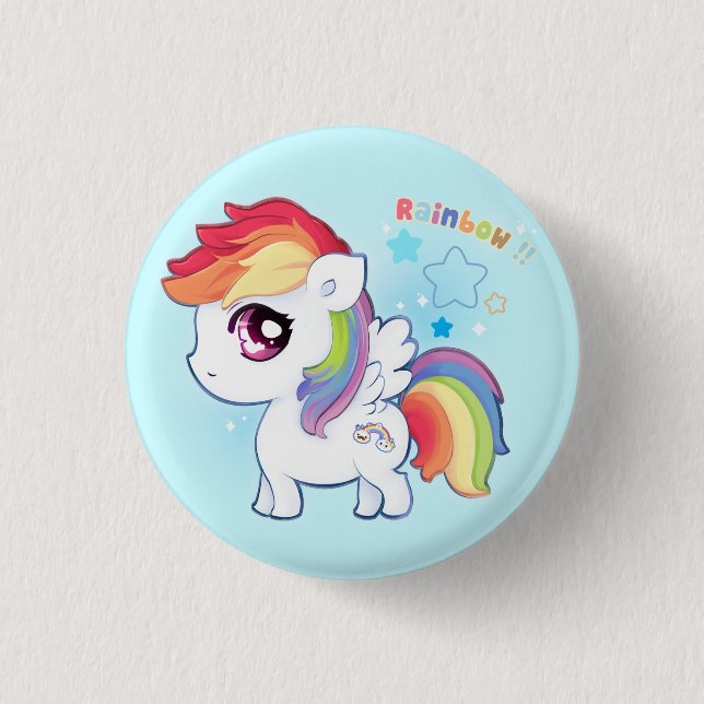 Kawaii cute rainbow pony with sparkle stars pinback button (Front)