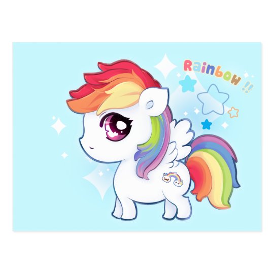  Kawaii  cute rainbow pony  with sparkle stars postcard 