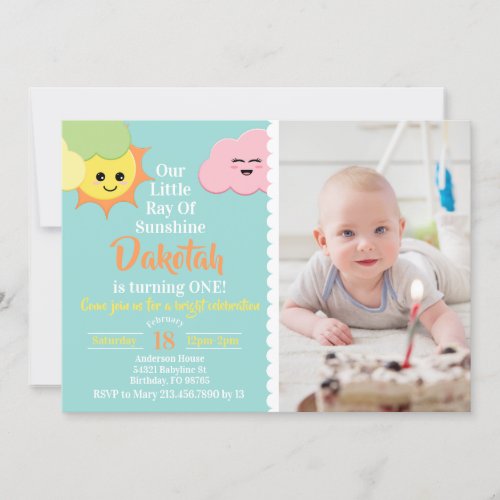 Kawaii Cute Ray of Sunshine Birthday Photo Invitation