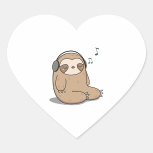 Kawaii Cute Sloth Listening To Music Heart Sticker