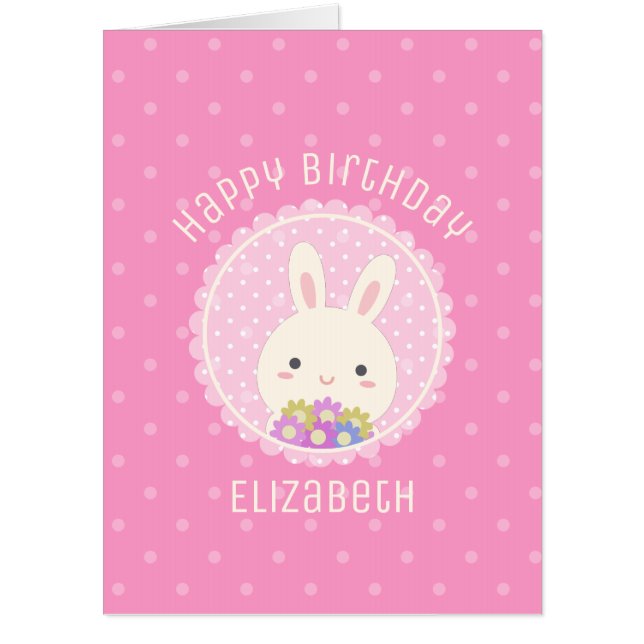 Kawaii Cute Some Bunny & Flowers Pink Birthday Card (Front)