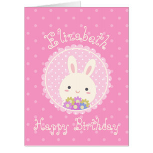 Kawaii Cute Some Bunny & Flowers Pink Birthday Card