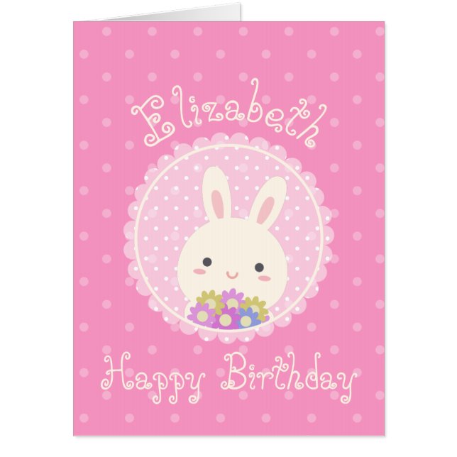 Kawaii Cute Some Bunny & Flowers Pink Birthday Card (Front)