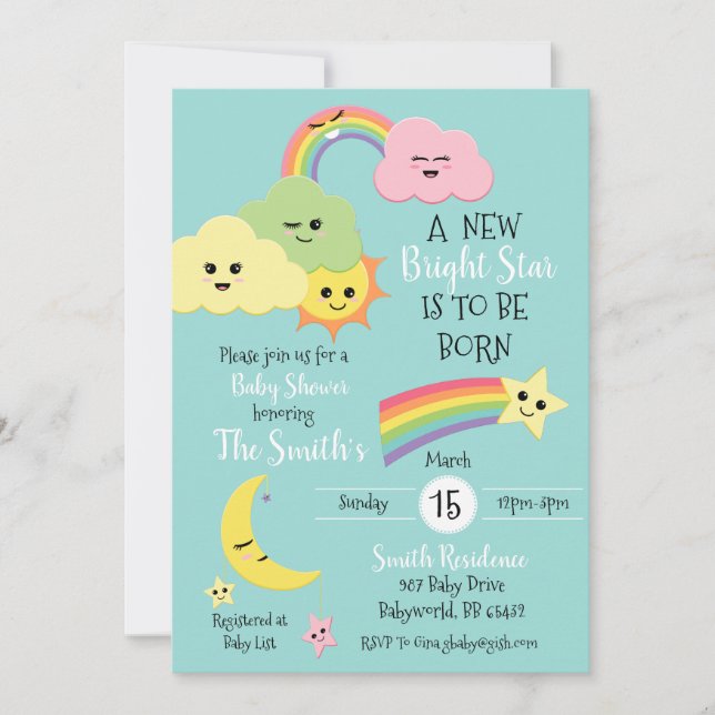 Kawaii Cute Star Moon Gender Neutral Baby Shower Invitation (Front)