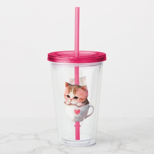 Kawaii Cute Striped Pink Chibi Cat Acrylic Tumbler