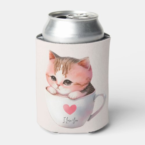 Kawaii Cute Striped Pink Chibi Cat Can Cooler