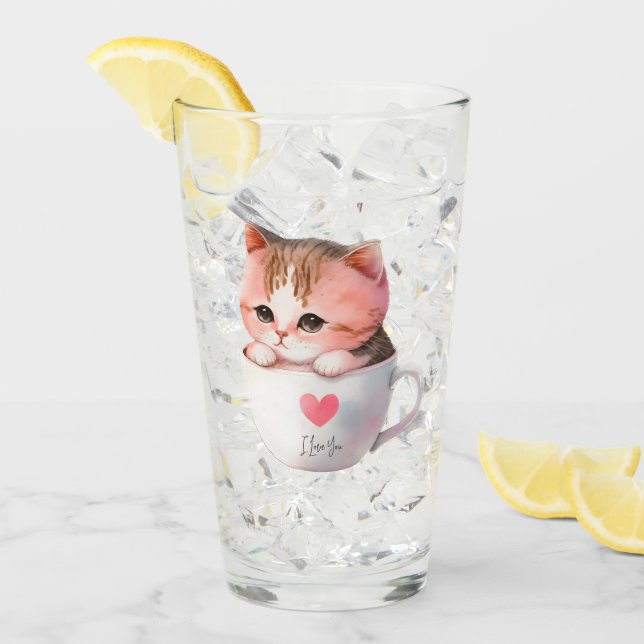 Kawaii Cute Striped Pink Chibi Cat Glass (Front Ice)