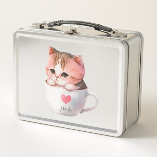 Kawaii Cute Striped Pink Chibi Cat Metal Lunch Box