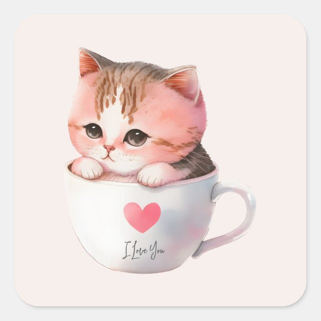 Kawaii Cute Striped Pink Chibi Cat Square Sticker (Front)