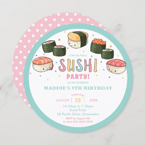 Kawaii Cute Sushi Party Girl Birthday Invitation