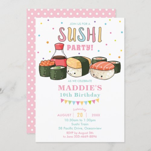 Kawaii Cute Sushi Party Pastel Girl Birthday Invitation