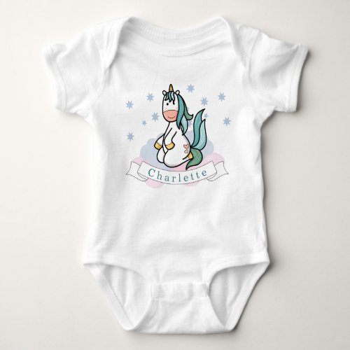 Kawaii Cute Unicorn Colorful Stars Clouds Name Baby Bodysuit