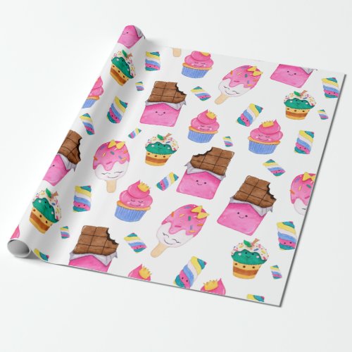 Kawaii Cute Watercolor Pastel Candy Sweets Kids Wrapping Paper