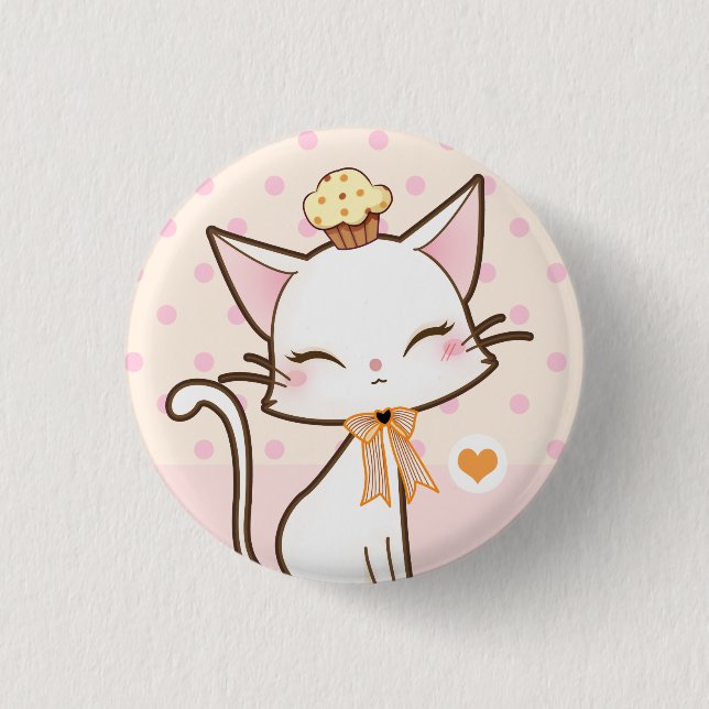 Kawaii cute white cat with cupcake button (Front)