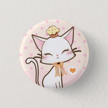 Kawaii Cute White Cat With Cupcake Button by Chibibunny at Zazzle