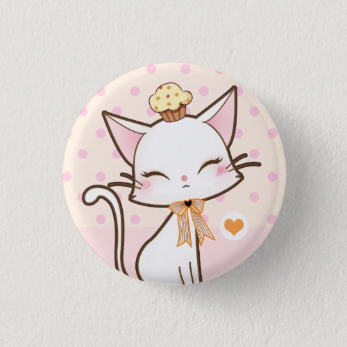Kawaii cute white cat with cupcake button