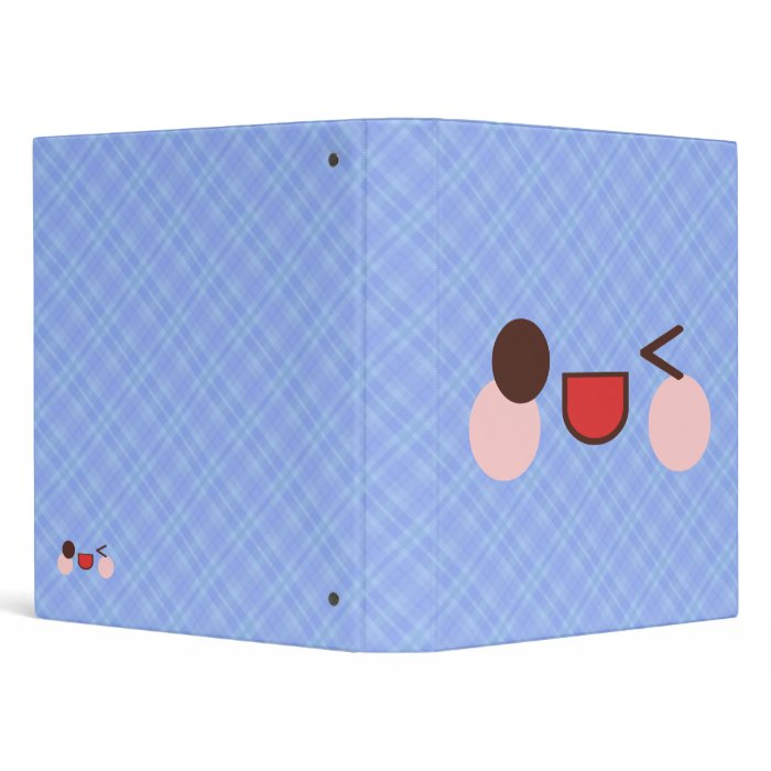 Kawaii Cute Winking Face on Blue Plaid 3 Ring Binder