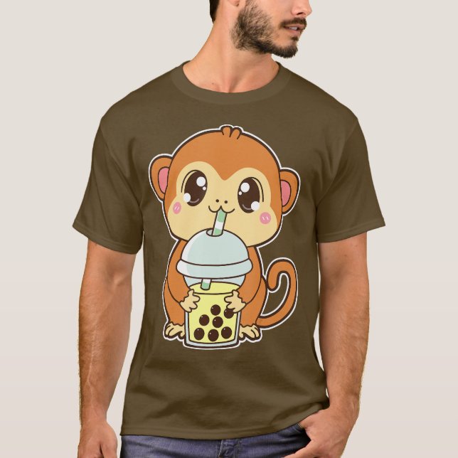 Kawaii Cute Zodiac Boba Monkey Banana Bubble Tea T-Shirt (Front)
