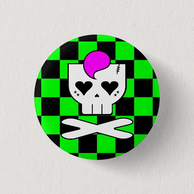 KAWAII DEATHROCK SKULL CHECKERBOARD GREEN BUTTON (Front)
