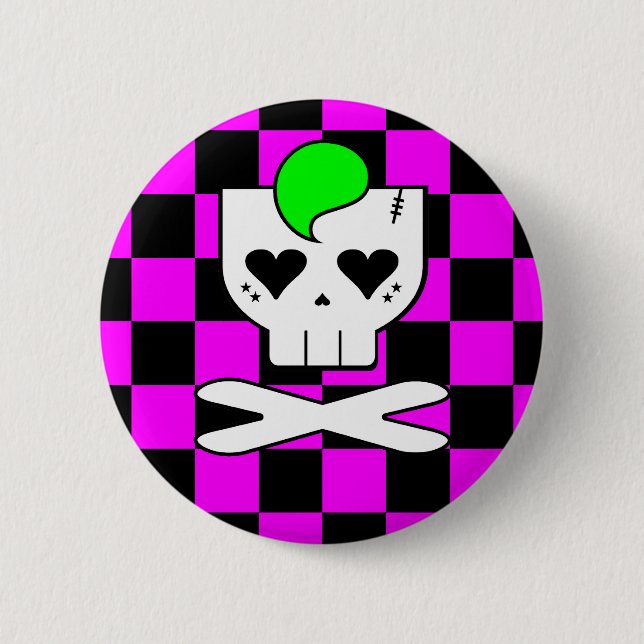 KAWAII DEATHROCK SKULL CHECKERBOARD PINK PINBACK BUTTON (Front)