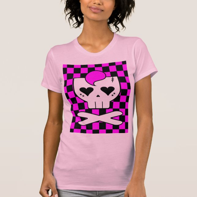 KAWAII DEATHROCK SKULL CHECKERBOARD PINK T-Shirt (Front)