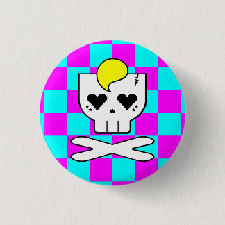 KAWAII DEATHROCK SKULL CHECKERBOARD PINK TEAL BUTTON