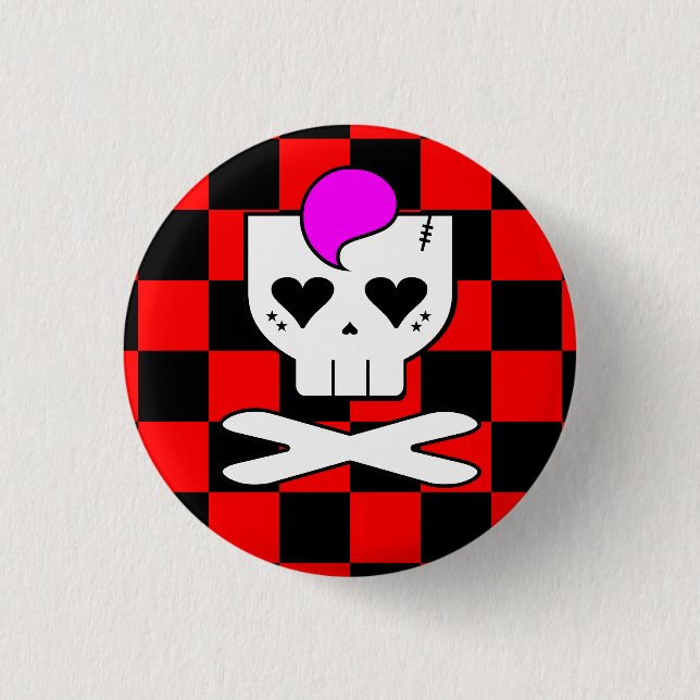 KAWAII DEATHROCK SKULL RED CHECKERBOARD BUTTON (Front)