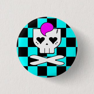 KAWAII DEATHROCK SKULL TEAL CHECKERBOARD PIN BUTTO