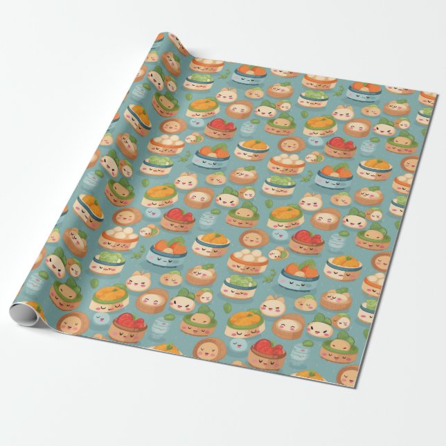 Kawaii Dim Sum Sunday Pattern Wrapping Paper (Unrolled)