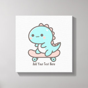 Kawaii Dino on Skateboard Personalized Text Canvas Print