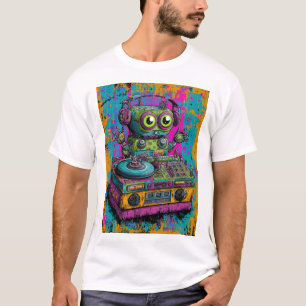 Kawaii DJ Robot — Neon Splatter Turntable Art T-Shirt