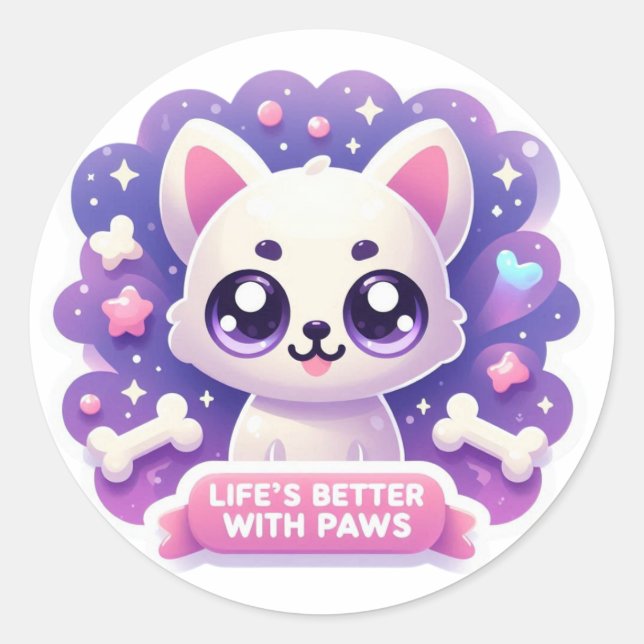 Kawaii Dog Life’s Better with Paws Cute Puppy Classic Round Sticker (Front)