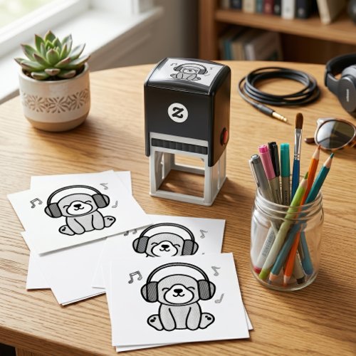 Kawaii Dog Puppy Smiling with Colorful Headphones Self-inking Stamp