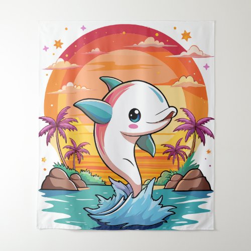 Kawaii Dolphin Sunset _ Whimsical Ocean Art Tapestry
