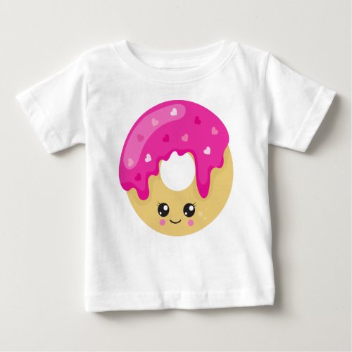Kawaii Donut Pink Donut Doughnut Icing Hearts Baby T_Shirt