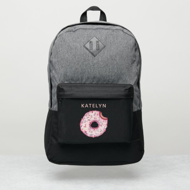 Kawaii Donut Pink Sprinkles Custom Name School Port Authority® Backpack (Front)